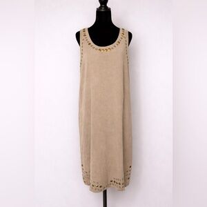 Midnight Velvet 100% Silk Studded Dress XL Beige Boho Shift Midi Statement